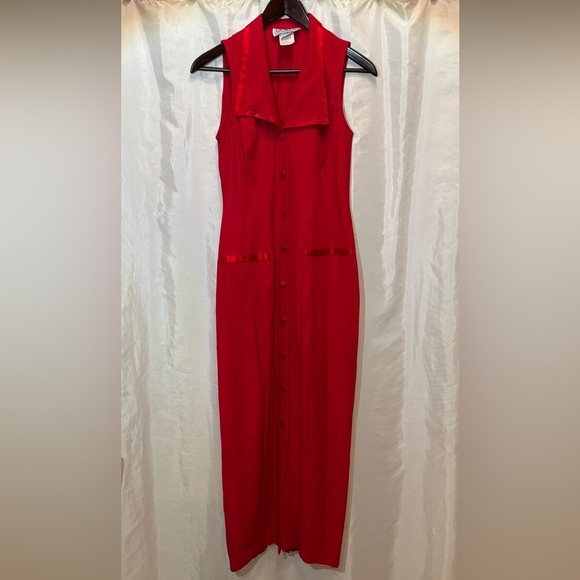 Vintage La Belle Red Sleeveless Button Front Midi Dress - Size 5 - Made in USA - Picture 1 of 8